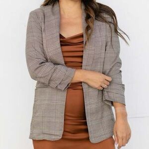 Lush Women's Checkered plaid Open Blazer - Brown 3/4 ruched type sleeves M